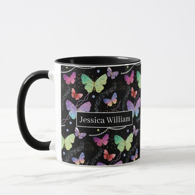 Persönlicher Name Elegant Lila Schmetterlinge Tasse (Links)