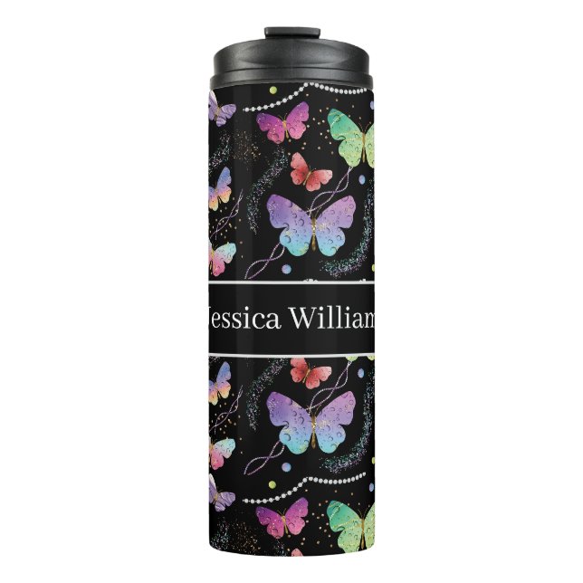Persönlicher Name Elegant Lila Schmetterlinge Thermosbecher (Vorderseite)