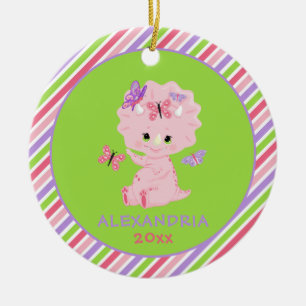 Persönlicher rosa Mädchen-Dinosaurier mit Streifen Keramik Ornament