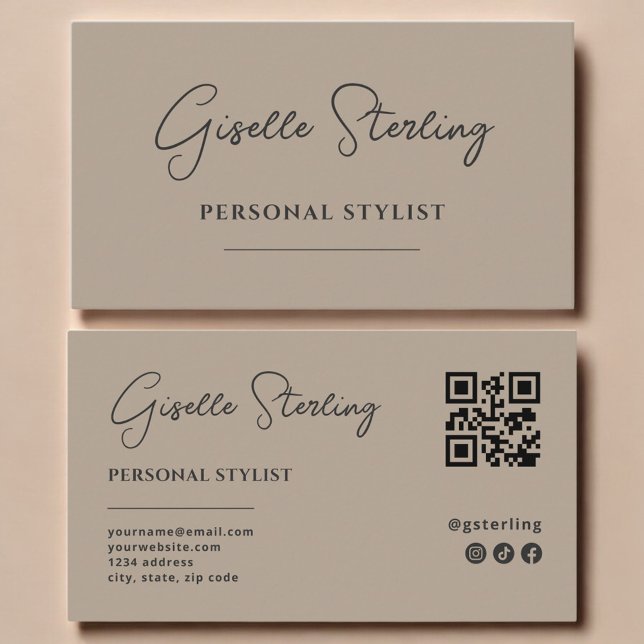 Persönlicher Stylist Neutral Taupe Script QR Code Visitenkarte (Von Creator hochgeladen)