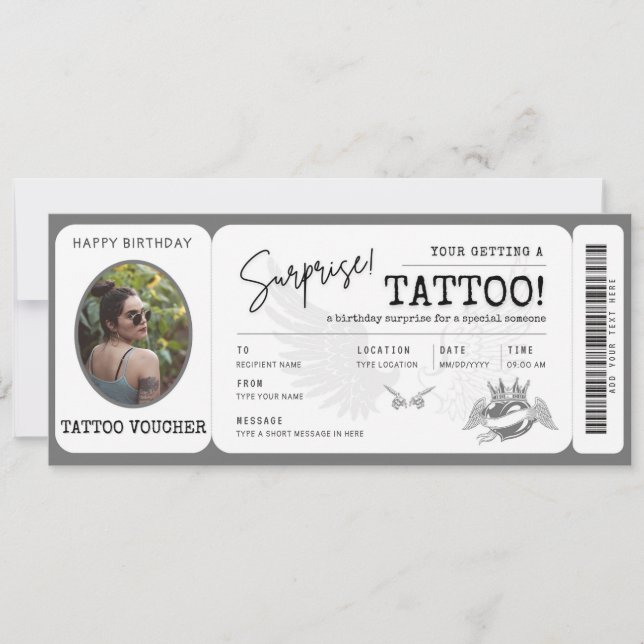 Persönlicher Tattoo-Gutschein mit Foto Einladung (Vorderseite)