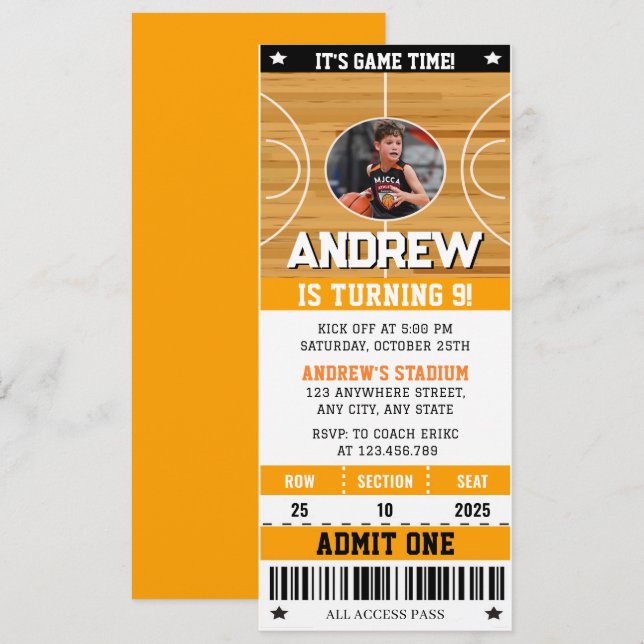 Persönliches Basketballticket mit Foto Einladung (Vorne/Hinten)