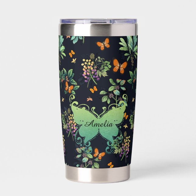 Persönliches dunkles Blumen-Schmetterlingsmuster Thermobecher (Vorderseite)