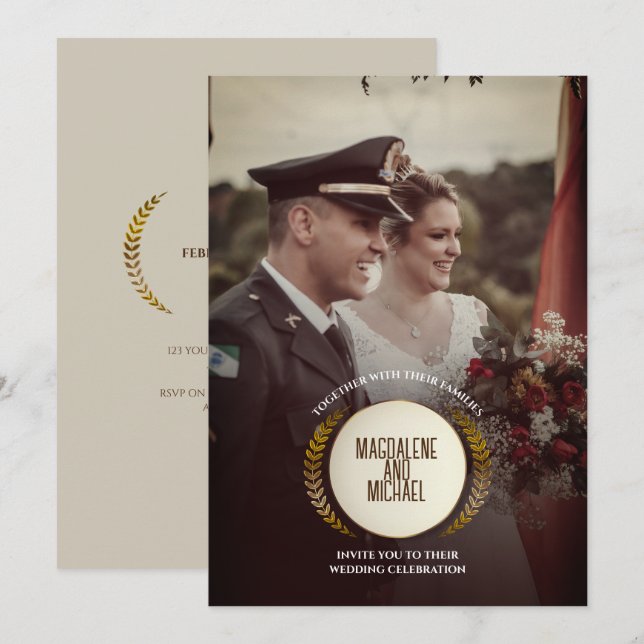 Persönliches Foto | Goldlaurel-Blätter Hochzeit Einladung (Vorne/Hinten)