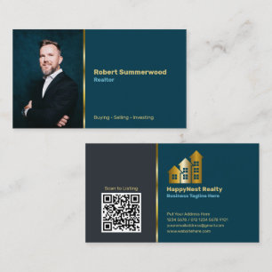 Persönliches Foto, QR-Code, Logo Navy Blue Visitenkarte
