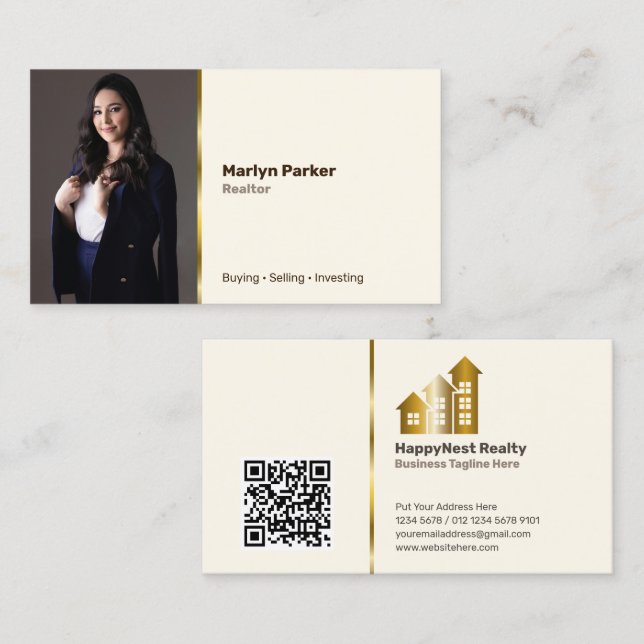 Persönliches Foto, QR-Code, Logos in weiß gebroche Visitenkarte (Vorne/Hinten)