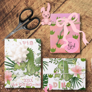 Persönliches Geschenkpapier Pink Dino & tropische  Set