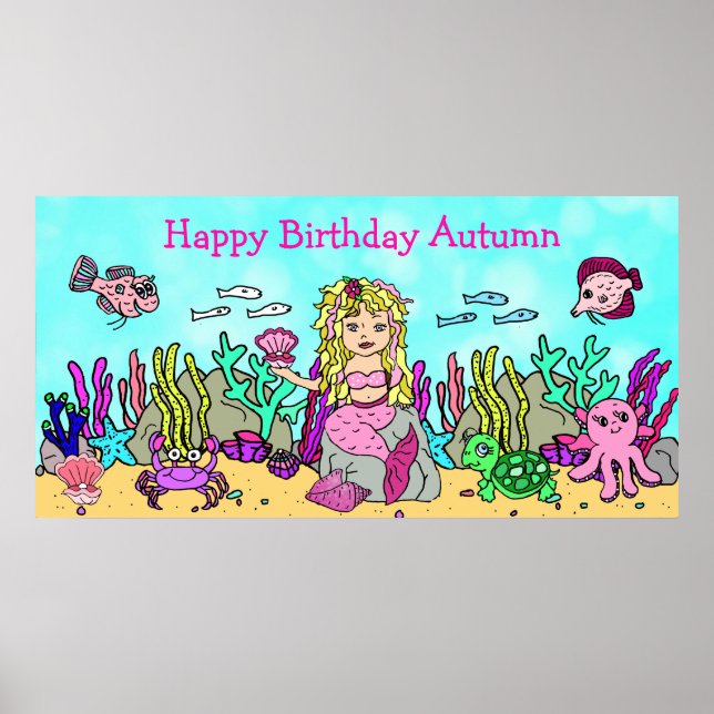Persönliches Happy Birthday Mermaid Poster (Vorne)