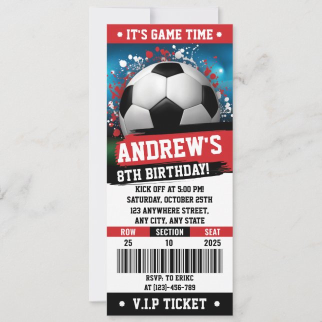 Persönliches Rotes Thema Fußball Ticket Geburtstag Einladung (Vorderseite)