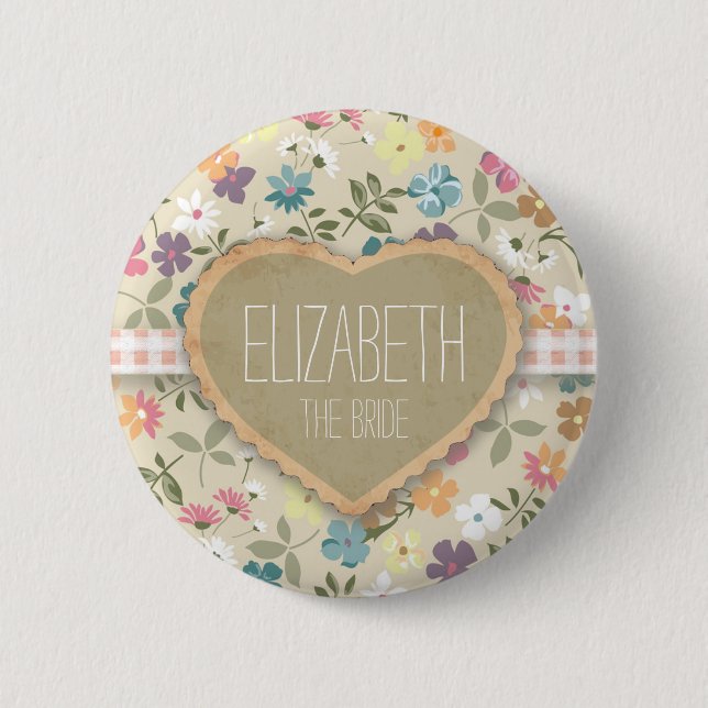 Personlised Blumenherz-und Gingham-Druck-Abzeichen Button (Vorderseite)