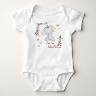 Personlized Name Baby Bodysuit Floral Elephant Strampler
