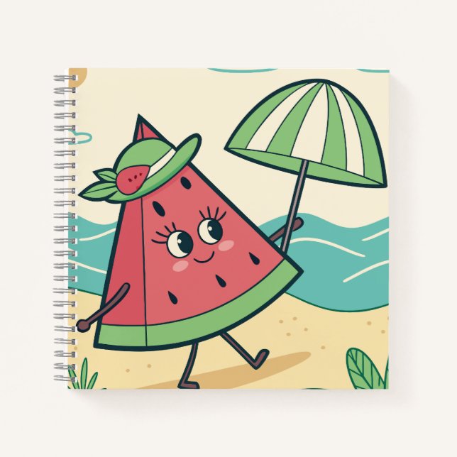 Personnage de pastèque mignon à la plage – Cahier  (Devant)