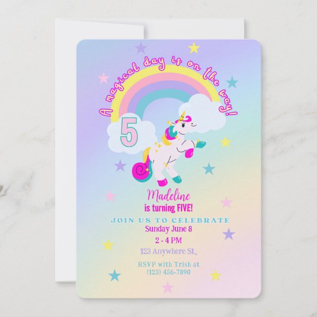 Personnalisable 5e anniversaire Unicorn Invitation (Devant)