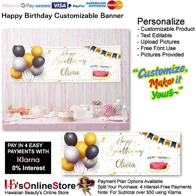Personnalisable Bonne Bannière Anniversaire 2 (Happy Birthday Gold Black Party Supplies Celebrate Decoration Cake 2.)