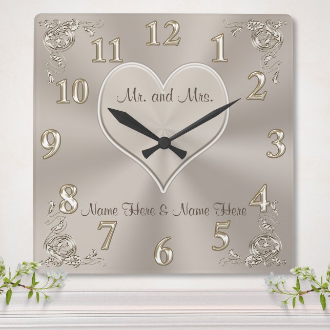 Personnalisable M. et Mme Gifts Horloge Champagne (Personalized Bridal shower gifts. Heart gift, Taupe Wall Clock. Personalized wall clock wedding gift)