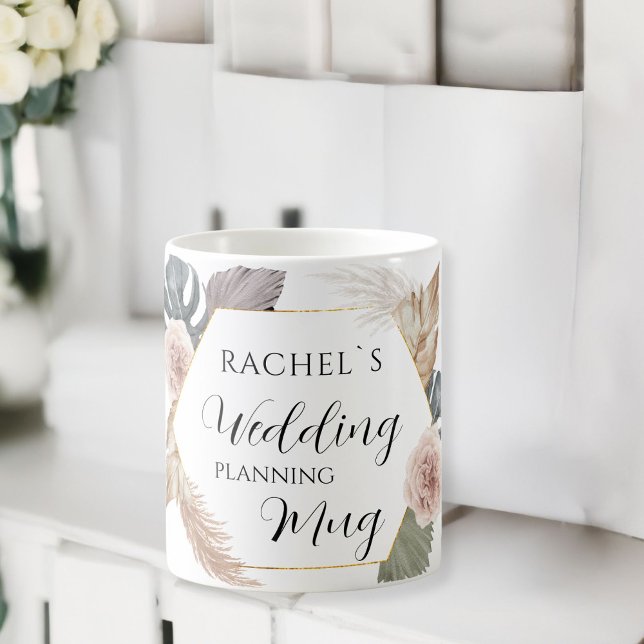 Personnalisable - Mug de planification de mariage (Customer specific, boho, floral "Wedding-Planning-Mug". Coffee Mug, with the name of the Bride..)
