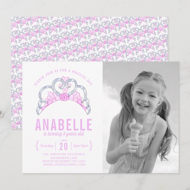Personnalisable Pink Tiara Photo Invitation Annive (Devant / Derrière)