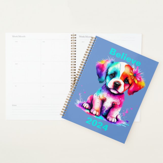 Personnalisé "Believe" 2024 Planner, Chiot (Devant avec enveloppe)