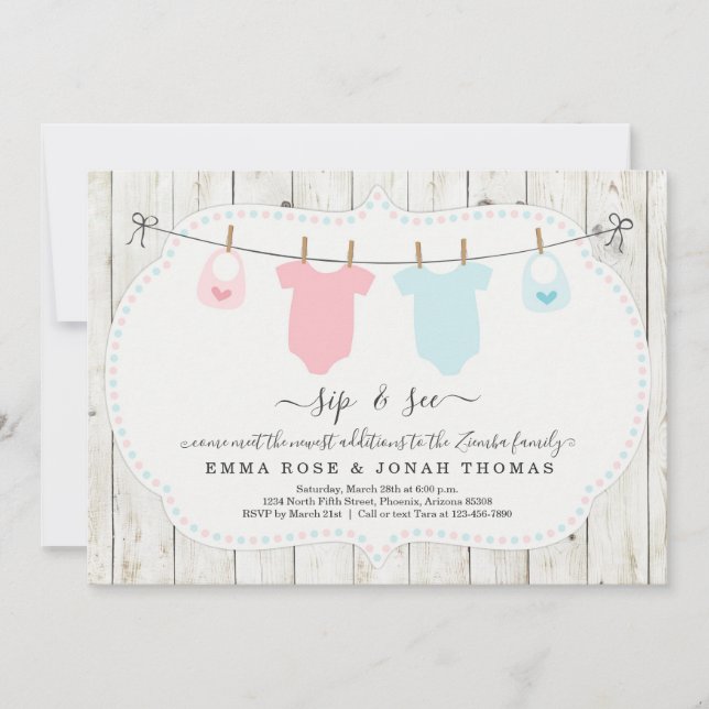 Personnalisé Boy & Girl Twins Sip & See Invitation (Devant)