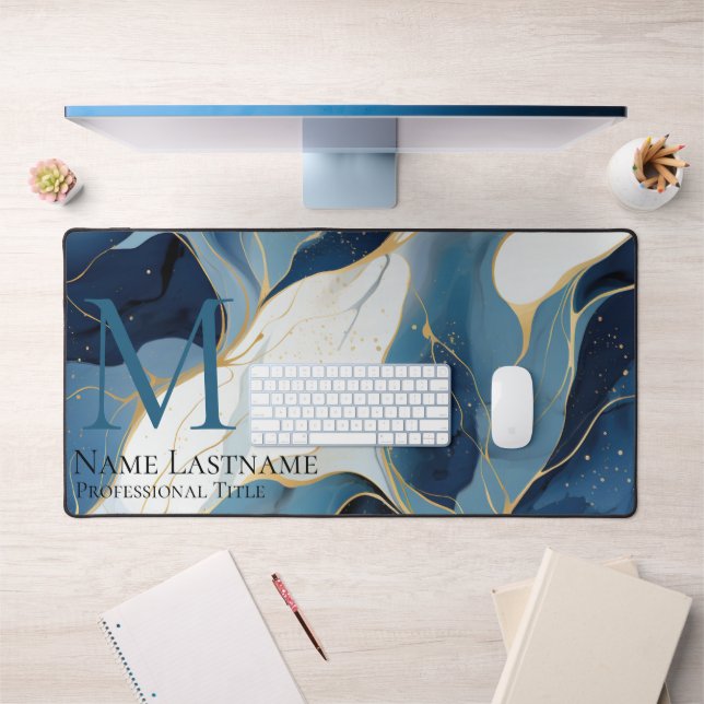 Personnalisé Élégant Monogramme Marbre blanc bleu  (Bureau 1)