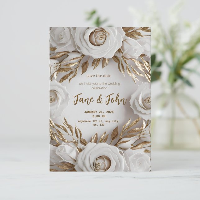 [Personnalisé] Faire-part de mariage blanc et or (Debout devant)