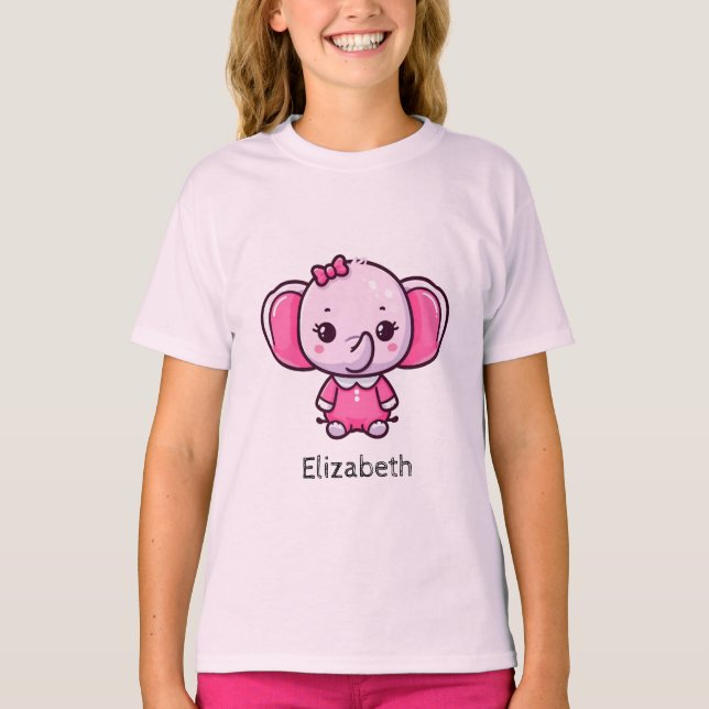 Personnalisé | Jolie T-shirt éléphant rose bébé (Devant)
