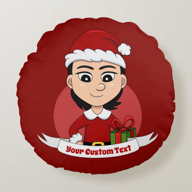 Personnalisé Noël fille dessin animé coussin rond (Devant)