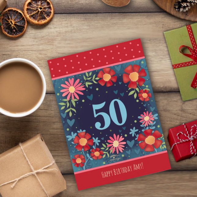 Personnalisé Nom 50e anniversaire Carte Flore Roug (Créateur téléchargé)