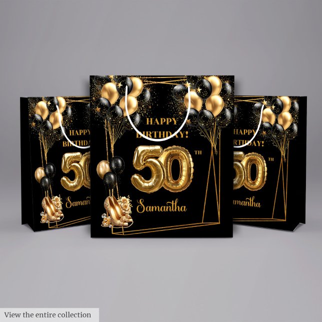 Personnalisé Nom 50e Anniversaire Sac cadeau Black (Custom Name 50th Birthday Gift Bag Black Gold)