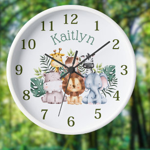 Personnalisé Nom Jungle Safari Animaux Horloge Ron