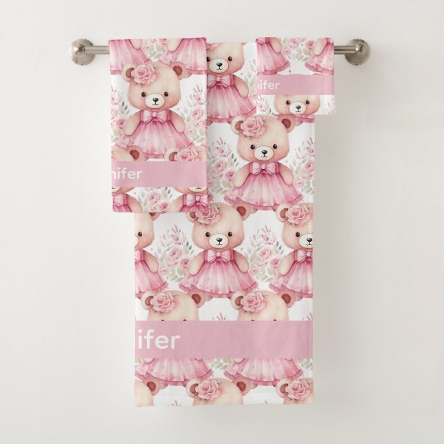Personnalisé Nom Pink Teddy Bear Jeu de serviettes (En situation)