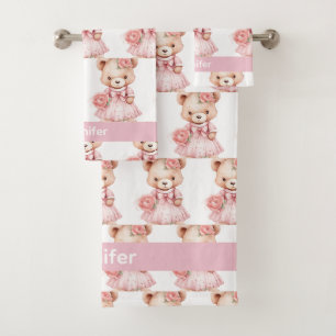 Personnalisé Nom Pink Teddy Bear Jeu de serviettes