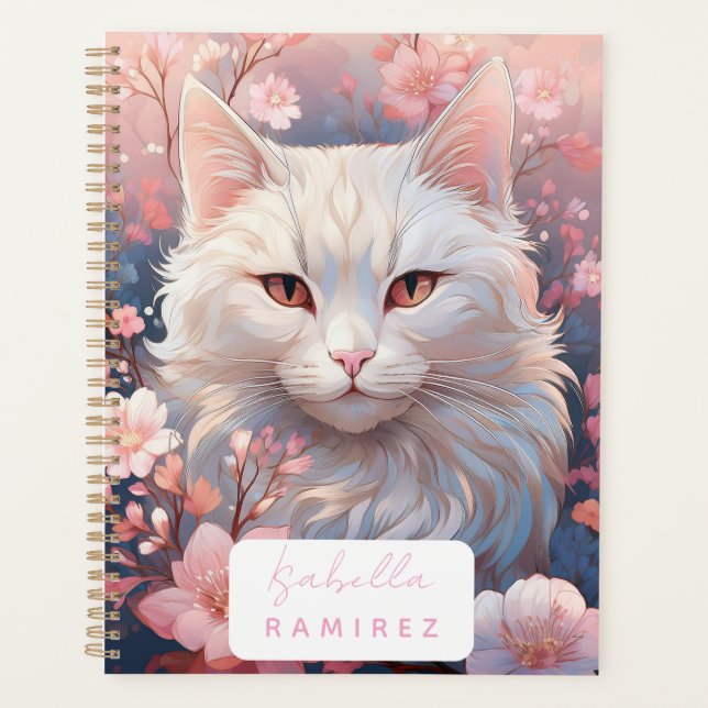 Personnalisé Serene White Cat Planner avec nom (Devant)