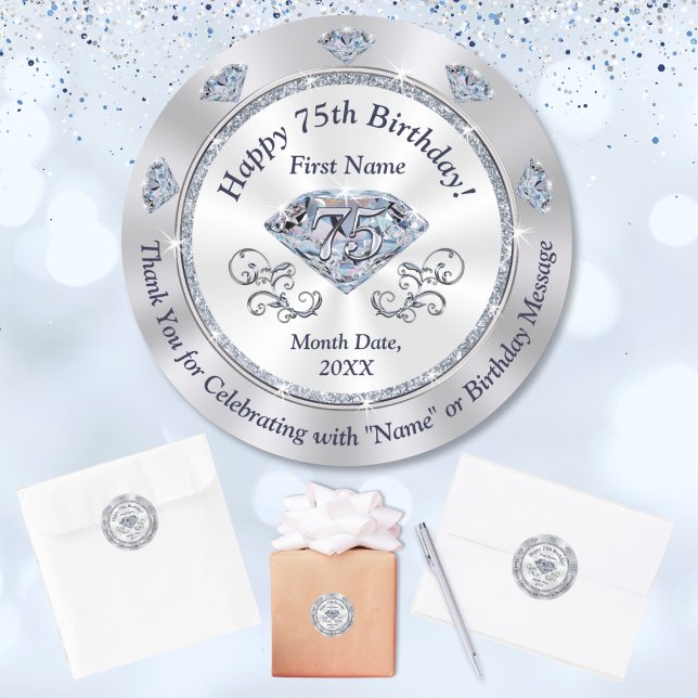 Personnalisé, Stickers 75e Anniversaire, pour Favo (75th birthday stickers. 75th birthday favors. 75th birthday envelope seals. 75th birthday supplies.)