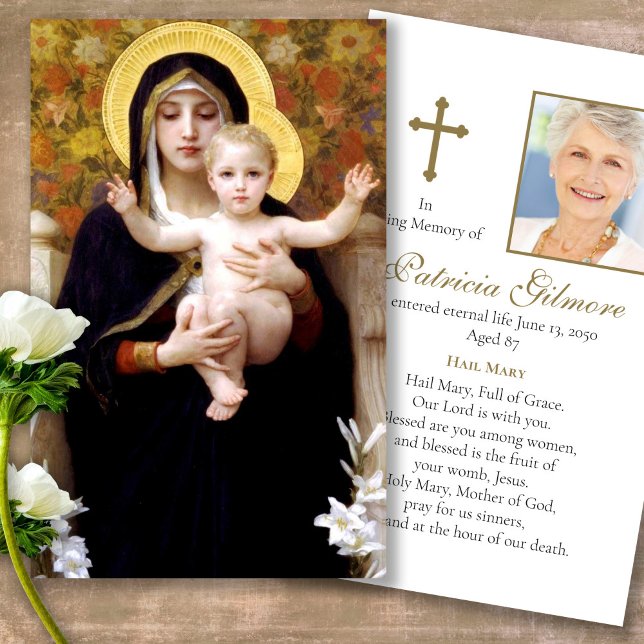 Perte funéraire Madonna Lys Prière Cartes de Sympa (catholic, religious, celebration of life, in loving memory of, prayer cards for bereavement)