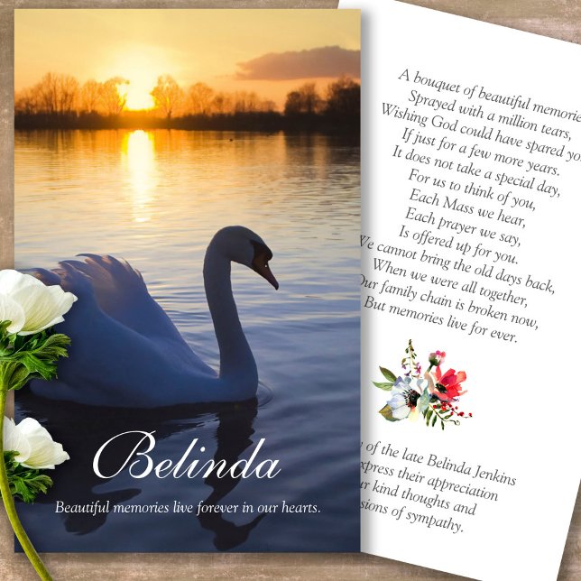 Perte funéraire Sunset Swan Prière Cartes de sympa (Forever in our hearts, celebration of life, in loving memory of, prayer cards for bereavement)