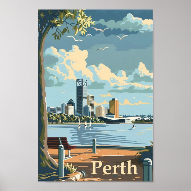 Perth Australia Vintag Retro Travel Illustration Poster (Vorne)