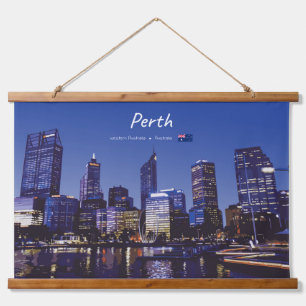 Perth, Australien - Stadt-Silhouette Nacht Wandteppich Mit Holzrahmen