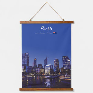 Perth, Australien - Stadt-Silhouette Nacht Wandteppich Mit Holzrahmen