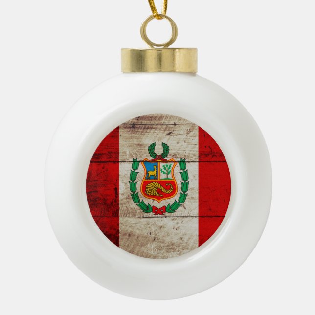 Peru-Flagge auf altem hölzernem Korn Keramik Kugel-Ornament (Vorderseite)