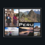 Peru multiple image collage black text postcard postkarte<br><div class="desc">Postkarte einer Collage mit mehreren Fotos von Peru,  wie Machu Picchu,  Uros reed Islands,  Cusco,  inca Schiene und Amazonas Regenwald mit einem schwarzen Rahmen und der Text: 'Peru'.</div>