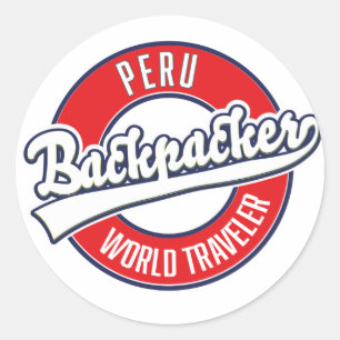 Peru-Rucksacktourist Welt Reisender Logo. Runder Aufkleber