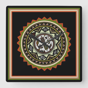 Peruanische Inka-Kürbis-Design-Tribal-Wanduhr Quadratische Wanduhr