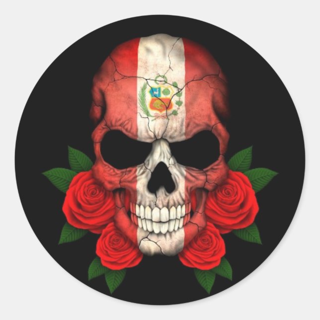 Peruanischer Flaggenschädel mit Rote Rosen Runder Aufkleber (Vorderseite)