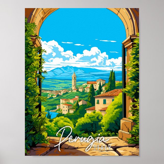 Perugia Italien Vintage Reise Illustration Poster (Vorne)