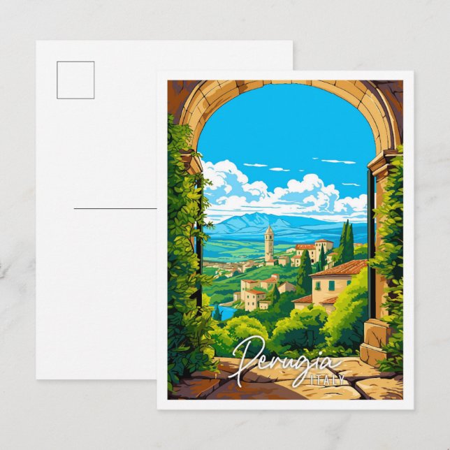 Perugia Italien Vintage Reise Illustration Postkarte (Vorne/Hinten)