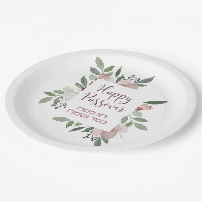 Pesach Kasher veSameach Happy Pessach Floral Pappteller (Schrägansicht)