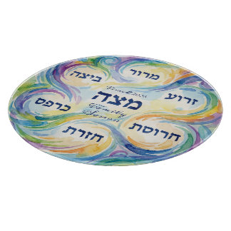 Pesach Seder Plate in Hebrew for Passover Glass Schneidebrett