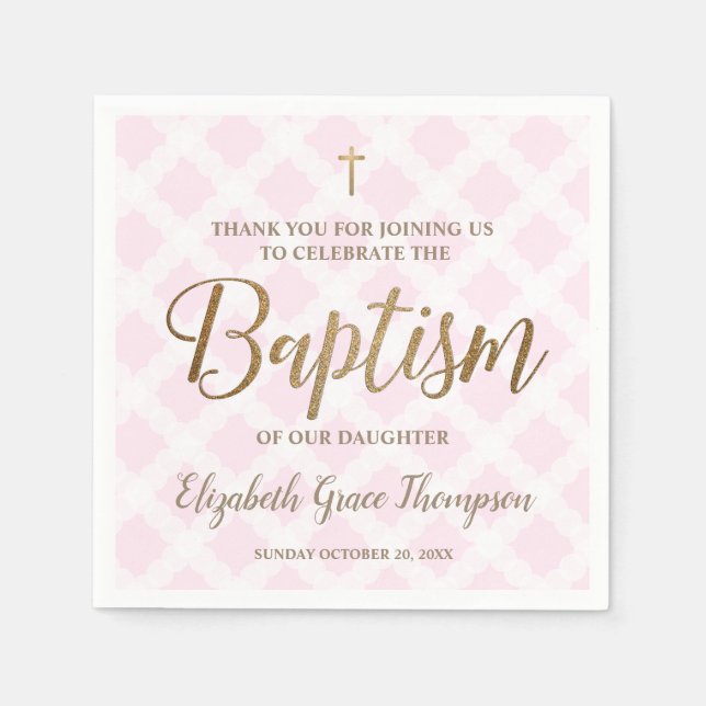 Pesonalized Baby Girl Modern Gold Pink Taufe Serviette (Vorderseite)
