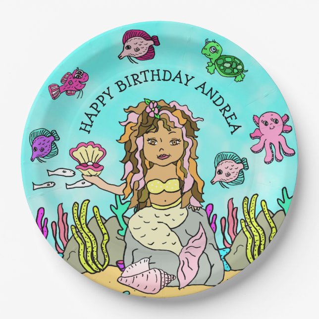 Pesonalized Ethnic Hand Darwn Mermaid Geburtstag Pappteller (Vorderseite)